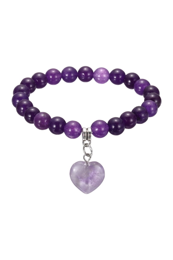 Crystal Bracelet for Women 8mm Natural Gemstone Heart Beaded Friendship Bracelet, 6.5Inch, Purple