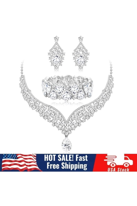 Crystal Bridal Jewelry Set for Women Prom Teardrop Necklace Earrings Bracelet