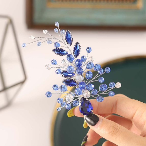 Crystal Bride Wedding Hair Clips Silver Rhinestone Bridal Hair Accessories Hair Piece for Women and Girls (B Blue)