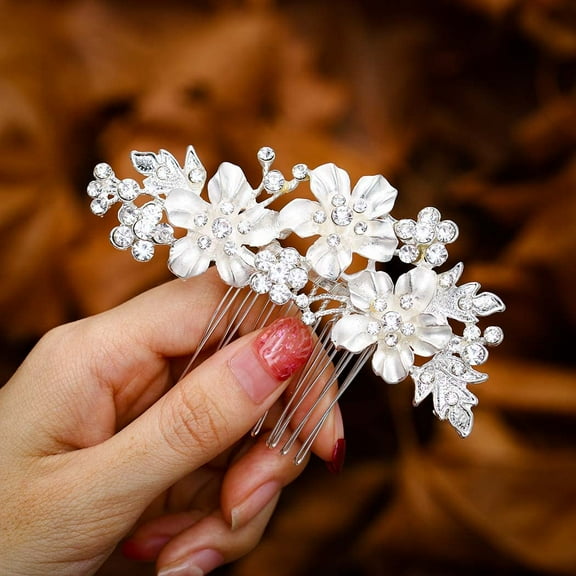 Crystal Bride Wedding Hair Comb Flower Bridal Headpieces Rhinestone Hair Pieces Bridesmaid Side Combs Hair Accessories for Women and Girls (silver flower)