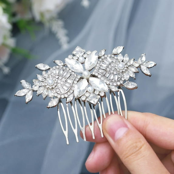 Crystal Bride Wedding Hair Comb Silver Flower Bridal Headpieces Leaf Hair Pieces Rhinestone Bridesmaid Side Combs Hair Accessories for Women (silver crystal)