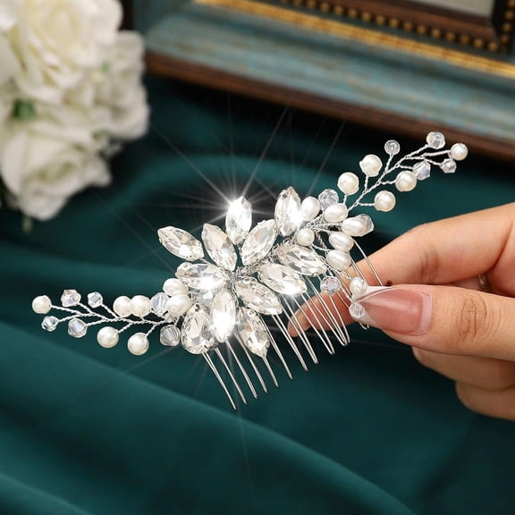 Crystal Bride Wedding Hair Comb Silver Pearl Bridal Hair Pieces Rhinestones Hair Clip Prom Hair Accessories for Women and Girls