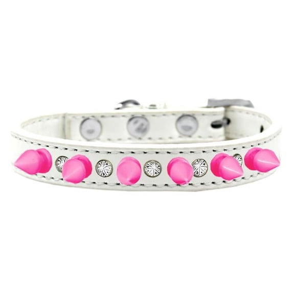 Crystal & Bright Pink Spikes Dog Collar, White - Size 12