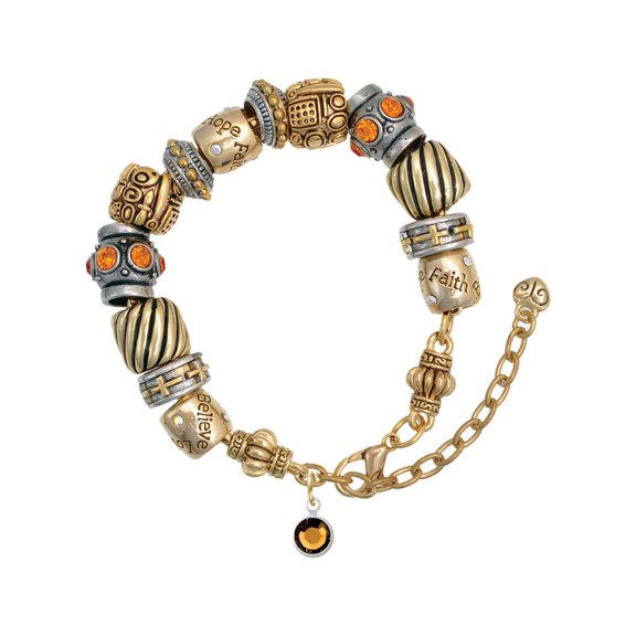 Crystal Brown Channel Drop Two Tone Christian Bead Bracelet