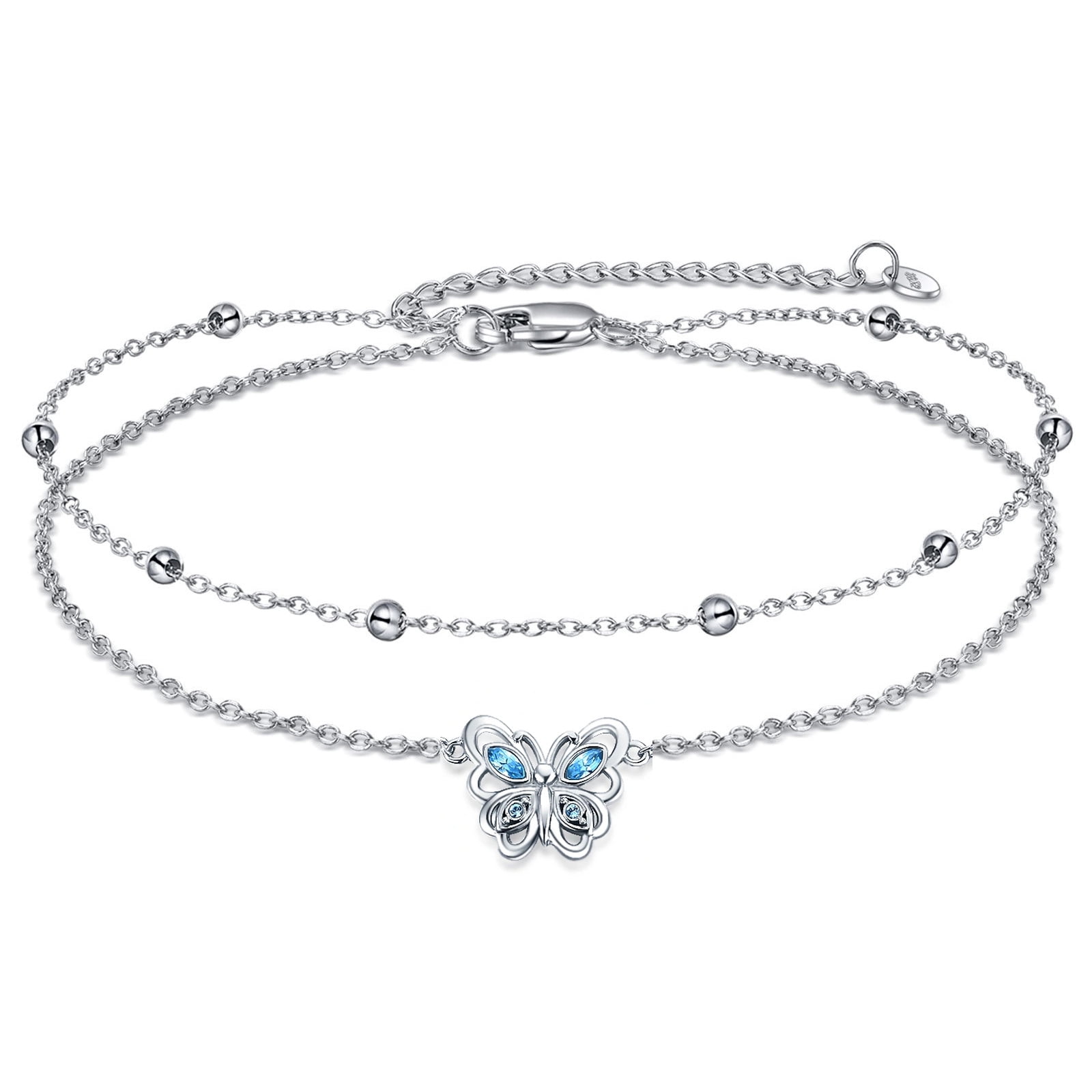 Crystal Butterfly Anklets 925 Sterling Silver Butterfly Ankle Bracelet Double Layered Anklet for Women Blue Butterfly Jewelry