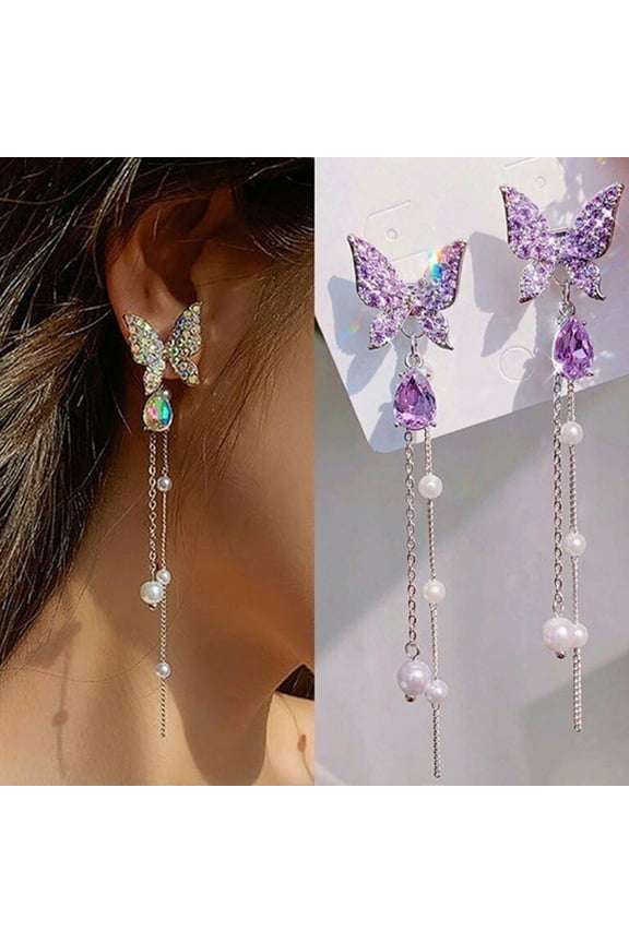 Crystal Butterfly, Purple Butterfly, Crystal Rhinestones, Purple Rhinestones, Silver Rhinestones, Glossy Teardrop Gem & Dual Dangling Chain design, for Graduation Events,