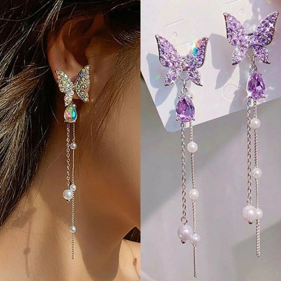 Crystal Butterfly, Purple Butterfly, Crystal Rhinestones, Purple Rhinestones, Silver Rhinestones, Lightweight Dangling Chain with Faux Pearl details, for Brunch Outings, Butterfly