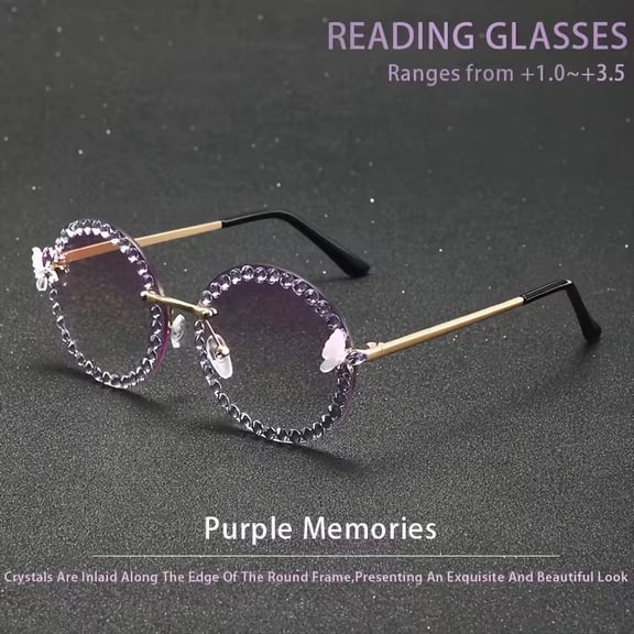 Crystal Butterfly Reading Glasses for Women - Dreamy Pink-Purple Gradient Lenses with Rhinestone Embellishment, Fashionable Lightweight Frame, +100° to +350° Magnification
