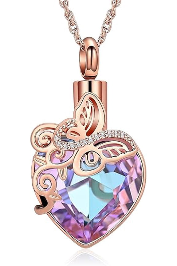 Crystal Butterfly Urn Necklace for Women Men Ashes Necklace Heart Cremation Jewelry with Crystal Birthday Christmas Jewelry Gifts Keepsake Pendant Necklace Memorial Cremation Jewelry for Women