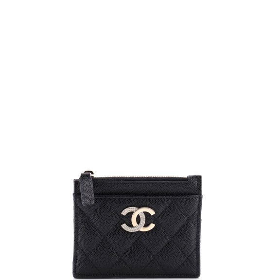 Crystal CC Square Zip Card Holder Wallet Quilted Caviar By Rebag