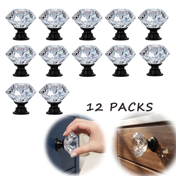 Crystal Cabinet Knobs – 12 Pack Black Diamond Glass Drawer Knobs for Dresser, Cabinet, Cupboard, and Furniture Hardware Upgrade