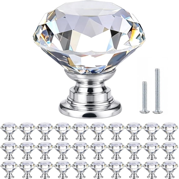 Crystal Cabinet Knobs 30 Pack, 1-3/16 inch Drawer Knobs for Dresser with Two Screws, Diamond Glass Pulls Handles Home Upgrade Spring Renovation (30mm, 30Pack, Clear-Silver)