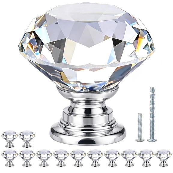 Crystal Cabinet Knobs 30 Pack, 1-3/16 inch Drawer Knobs for Dresser with Two Screws, Diamond Glass Pulls Handles Home Upgrade Spring Renovation (30mm, 30Pack, Clear-Silver)