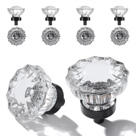 Crystal Cabinet Knobs 4 Pack Clear Glass Pulls for Kitchen Bedroom Bathroom Living Room Furniture, Brushed Nickel Base Old Style Cabinets Closet Dresser Drawers Cupboard Handles