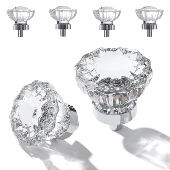 Crystal Cabinet Knobs 4 Pack Clear Glass Pulls for Kitchen Bedroom Bathroom Living Room Furniture, Brushed Nickel Base Old Style Cabinets Closet Dresser Drawers Cupboard Handles