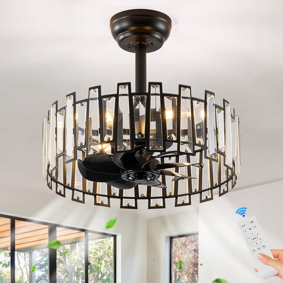 Crystal Caged Ceiling Fan Light with Remote Control Modern Black Crystal Ceiling Light with Fan Reversible 18in Fandelier for Bedroom Kitchen Dining Room Living Room