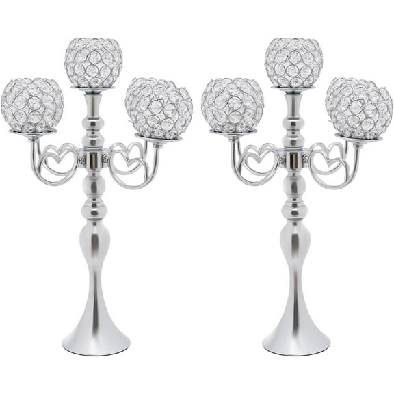 Crystal Candelabra Centerpieces, 2 5 Arm Silver Candelabra Centerpiece 21.5 Inch Tall Crystal Candle Holders Bowl Table Candelabra Stand for Wedding Dinner Party (Silver)