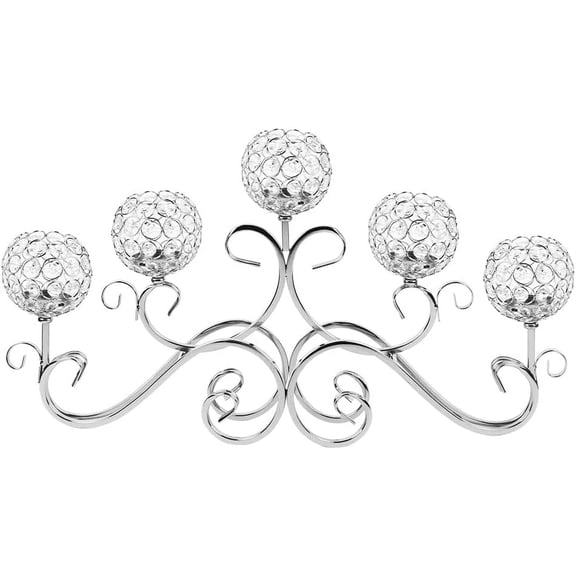 Crystal Candle Holder Modern Metal 5 Arms Crystal Candelabras 13 Inch Tall Candlestick Holder Centerpieces for Banquet Table Decoration Home Decor Wedding Church Dinner Christmas Party (Silver)