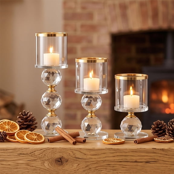 Crystal Candle Holders Set of 3, Tall Candlesticks with Glass Shades for Wedding Table Centerpieces, Christmas Party, Dining Room and Home Decor
