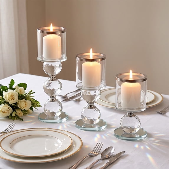 Crystal Candle Set, Crystal Candlestick, Set of 3 Tall Glass Shade ...