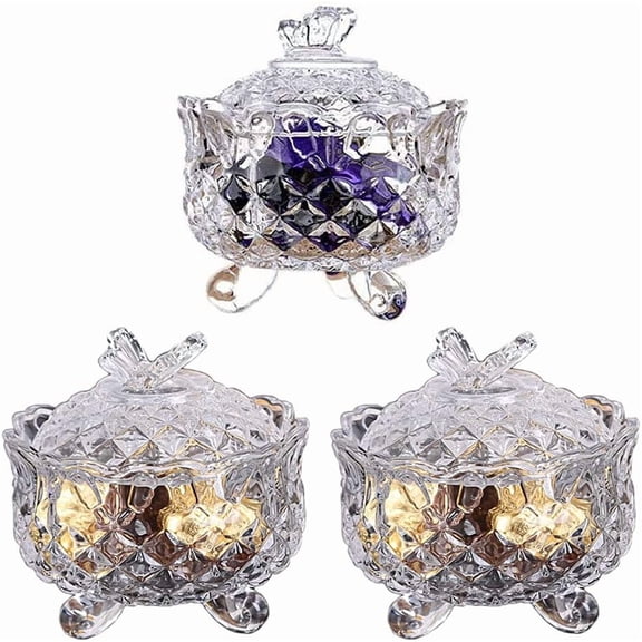 Crystal Candy Dish Small Glass Jar Set with lid Sugar Bowl 3 Pcs 10oz | Decorative Candy Bowl Cookie Jar Jewelry Dish Container for Home, Kitchen, Buffet Party, Wedding, Office Desk Coffee Table