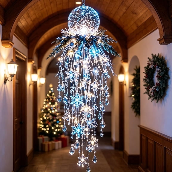 Crystal Cascade Christmas Light - Hanging Snowflake & Crystal LED Porch Decor(Blue light ball)