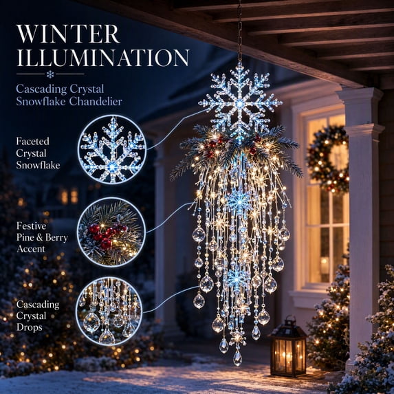 Crystal Cascade Christmas Light, Hanging Snowflake & Crystal LED Porch Decor, Christmas Hanging Decoration, for Porch & Window, Crystal Pendant(A)