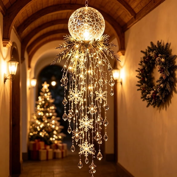 Crystal Cascade Christmas Light - Hanging Snowflake & Crystal LED Porch Decor(Warm light ball)