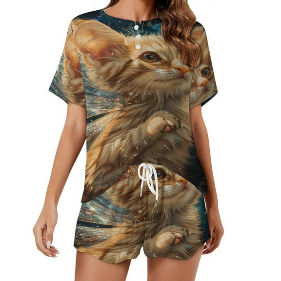 Crystal Cat 2 Pack Women’s Pajama Set Print Sleepwear And Shorts Y2k Loungewear Sets S-5XL