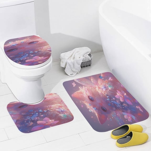 Crystal Cat 3 Pieces Bath Mats Set, Non-Slip Washable Cover Floor Rug Decorations for Kitchen Bathroom Bedroom