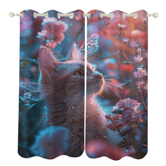 Crystal Cat Blackout Curtains, Watercolor Pattern Window Treatment Grommet Curtains for Bedroom Thermal Insulated Window Curtains for Living Room 2 Panel Set