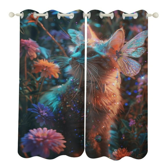 Crystal Cat Blackout Curtains, Watercolor Pattern Window Treatment Grommet Curtains for Bedroom Thermal Insulated Window Curtains for Living Room 2 Panel Set