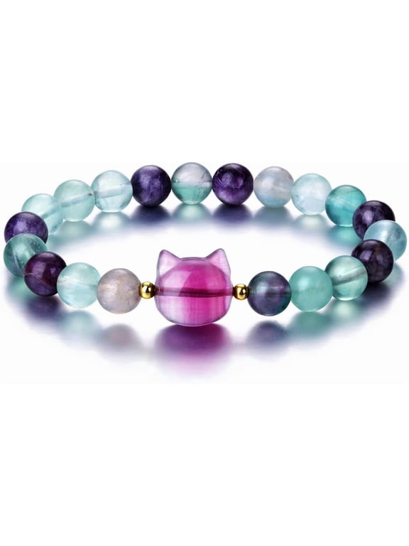 Crystal Cat Bracelet for Women Men, 8mm Healing Gemstone Bead Bracelet Protection, Natural Stone Stretch Bracelet Jewelry Gifts for Cat Lover Mom Girlfriend