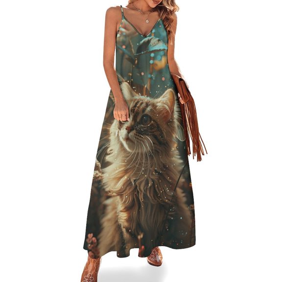 Crystal Cat Design Sleeveless Dress Woman Fashion Long Dresses Women's Summer Suit Dress 2025