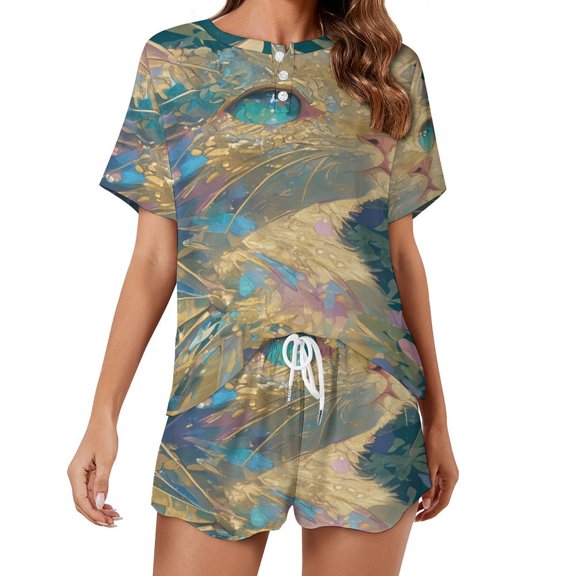 Crystal Cat Pajama Set for Women 2 Piece Sleepwear Loungewear Short Sleeve