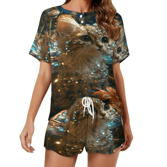 Crystal Cat Print Women'S Pajamas Set Summer Sleepwear Sets 2 Piece Lounge Set