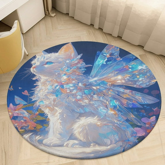 Crystal Cat Soft Bedroom Round Area Rug, Washable Cute Nursery Circle Throw Mat, Non-Slip Contemporary Small Low Pile Floor Carpet for Dorm Bedside