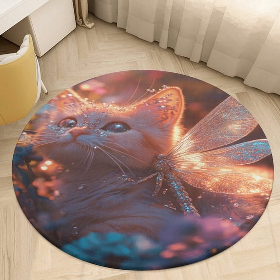 Crystal Cat Soft Bedroom Round Area Rug, Washable Cute Nursery Circle Throw Mat, Non-Slip Contemporary Small Low Pile Floor Carpet for Dorm Bedside