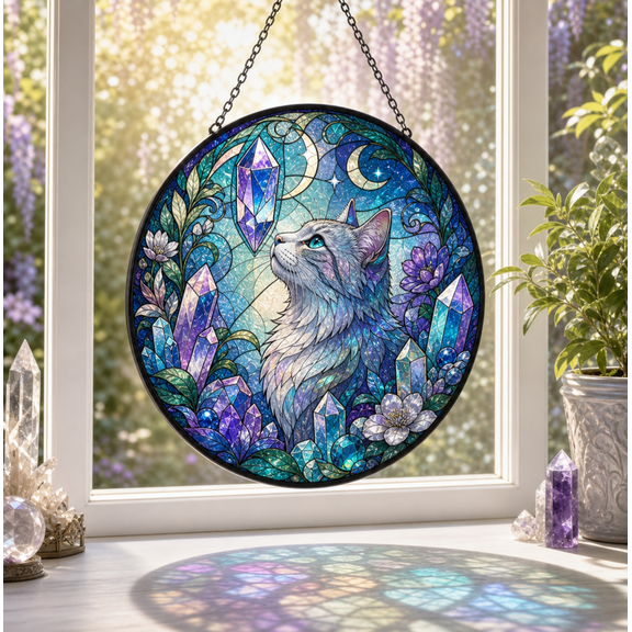 Crystal Cat Stained Glass Suncatcher, Moon Garden Window Hanging Gift for Cat Lovers