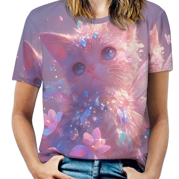 Crystal Cat T Shirts Basic T-Shirt Short Sleeve Ladies Tee Shirt Summer Graphic Clothing