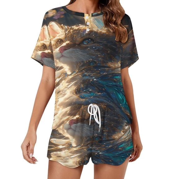 Crystal Cat Women's Ruffle Short Sleeve Tops And Shorts Cute Peeps Bunny Pajamas Sets