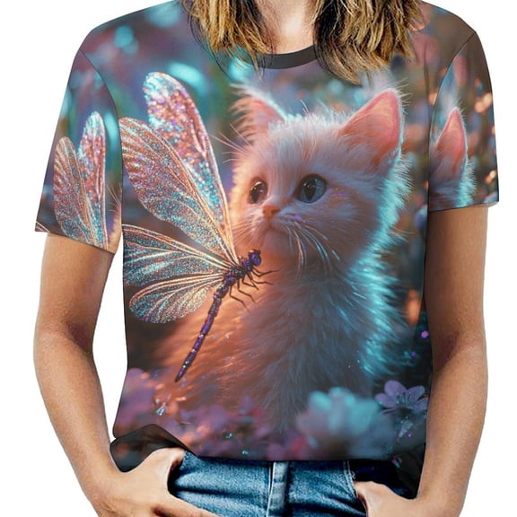 Crystal Cat Women's T-Shirt Short Sleeve T Shirts Tops Tee Ladies Loose T