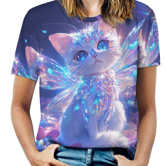 Crystal Cat Womens Tops Women's Fashion Casual Short Sleeve Flower Print Round Neck Pullover Top Blouse