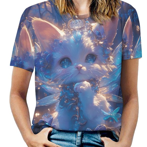 Crystal Cat Womens Tops Women's Fashion Casual Short Sleeve Flower Print Round Neck Pullover Top Blouse