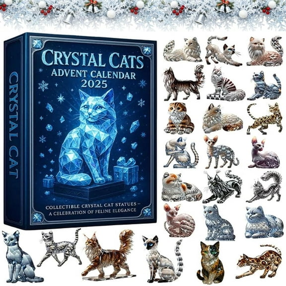 Crystal Cats Advent Calendar 2025-24 Days Collectible Crystal Cat Pendant Set, Mini Crystals Cat Ornaments with Unique Cat Designs | Christmas Countdown Calendar for Cats Lovers
