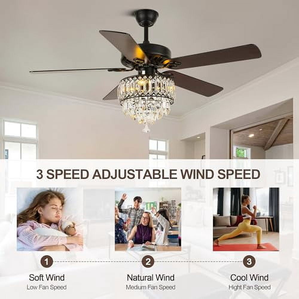 52-Inch Crystal Chandelier Ceiling Fan With Light & Remote - 6 Speed, Quiet DC Motor, Stepless Dimming & Color Temp (Black)