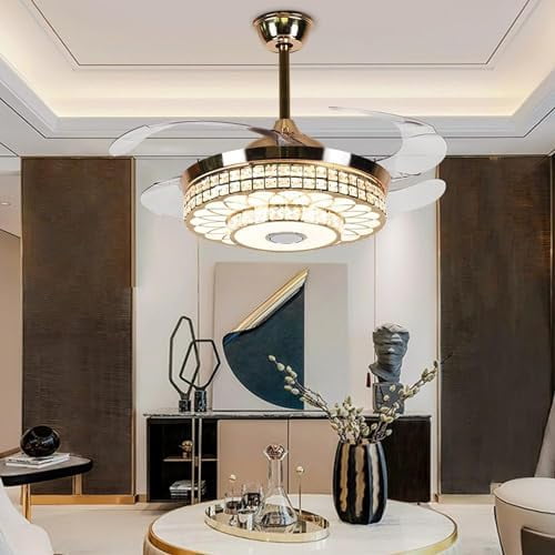 Crystal Ceiling Fan with Light Remote Control Retractable Invisible Blades Music Bluetooth Speaker Chandelier LED Fandelier 3 Color Lighting for Bedroom Kitchen Cafe (Gold)$$Tools & Hardware Other