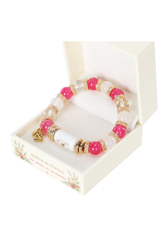 Crystal Ceramic Blessings Bracelet Inspirational Elastic Charm Beads Bracelet For Strength Hope And Joy Jewelry Gifts For Women Mom Friends (Pink Robin)
