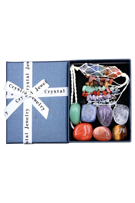 Crystal Chakra Combination Set Pinks Crystal Hexagon Pendant Colorful Gift Box Natural Stone Set With Hexagonal Pendant For Meditation And Healing Weight 0.21 Pounds 1 Set