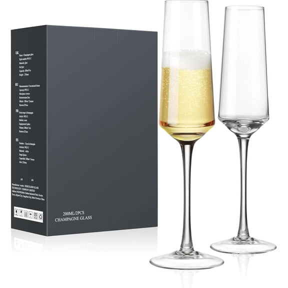 Crystal Champagne Flutes Glass Set of 2-7OZ Hand Blown Champagne Glasses with Long Stem, Flutes for Prosecco, Sparkling Wine, Mimosas, Wedding, Christmas